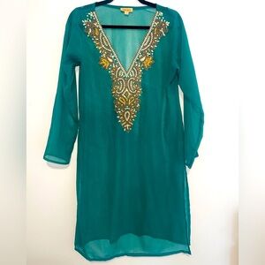 Akura Green See Through Embellished Embroidered Kaftan Cover-up Women Size L  US